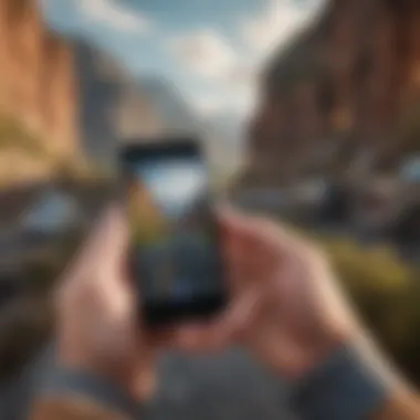 Effortless Journey Planning with Integrated Travel Insurance A scenic view of a traveler planning their journey with an electronic device in hand.