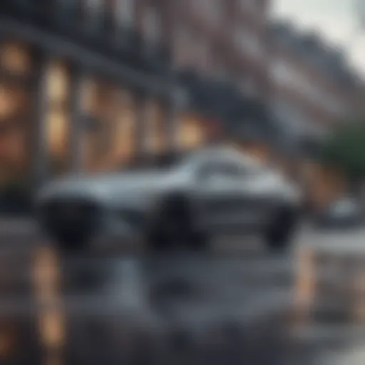 A side view of a sleek car parked in an urban setting.