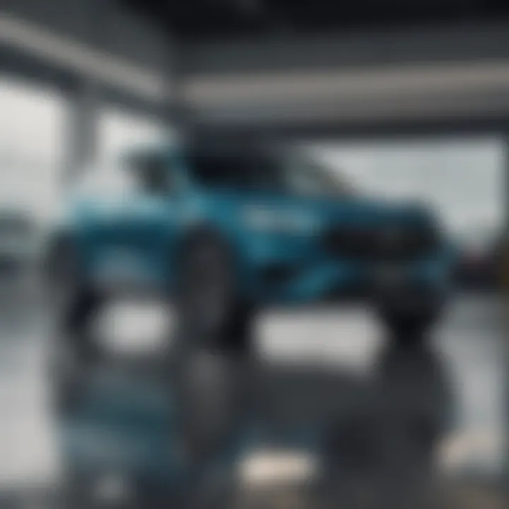 New Vehicle Showcase A stylish new car on display in a dealership, showcasing modern design.