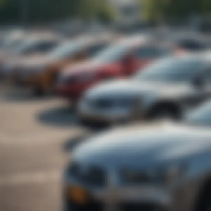 Evaluating Used Vehicles A thoughtful person comparing two used cars in a parking lot, highlighting the selection process.