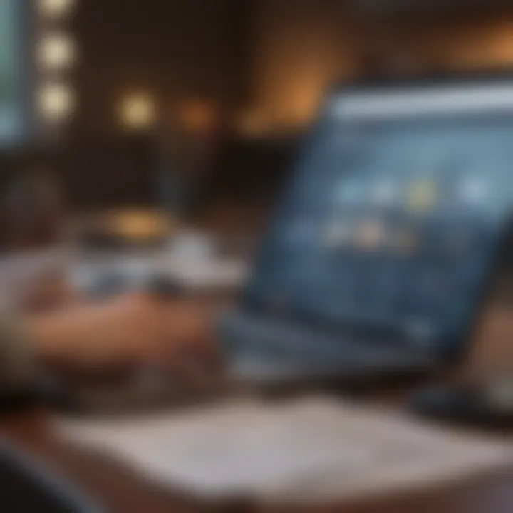 An individual reviewing financial documents with a laptop