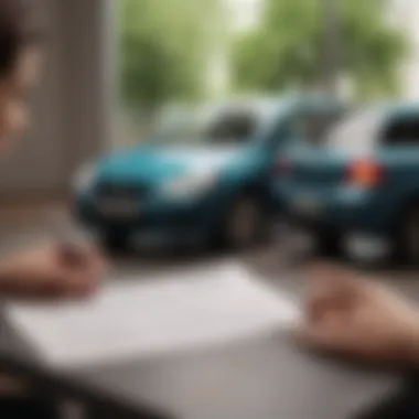 Reviewing Car Insurance Documents A person reviewing car insurance documents before making a decision.