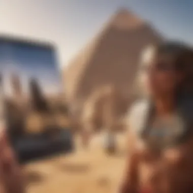 Exploring Egypt with Peace of Mind A scenic view of ancient Egyptian landmarks with a travel health insurance brochure.