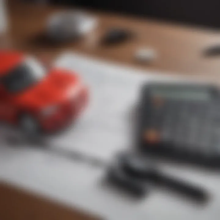 A legal document and a calculator on a table, symbolizing financial aspects of car insurance.