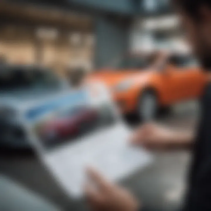 A person examining a rental car with an insurance brochure in hand.