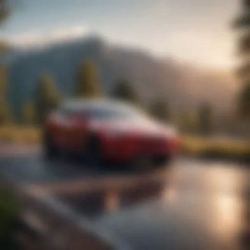 Tesla in a picturesque setting Tesla electric vehicle parked in a scenic location