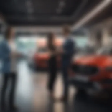 A happy couple analyzing car leasing options at a dealership.