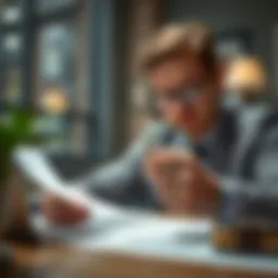 Illustration depicting a person reviewing financial documents with a magnifying glass