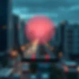 A wireless router emitting signals in a city landscape