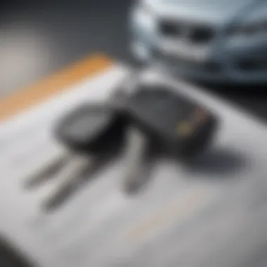 A close-up of car keys on a leasing contract, symbolizing the leasing agreement.