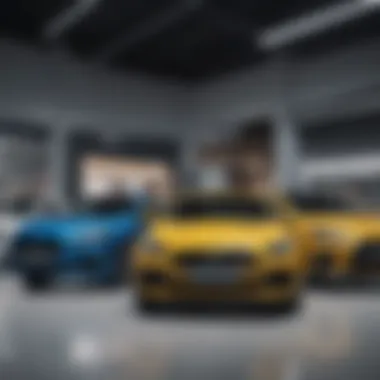 A variety of new car models displayed at a dealership, showcasing options for potential buyers.