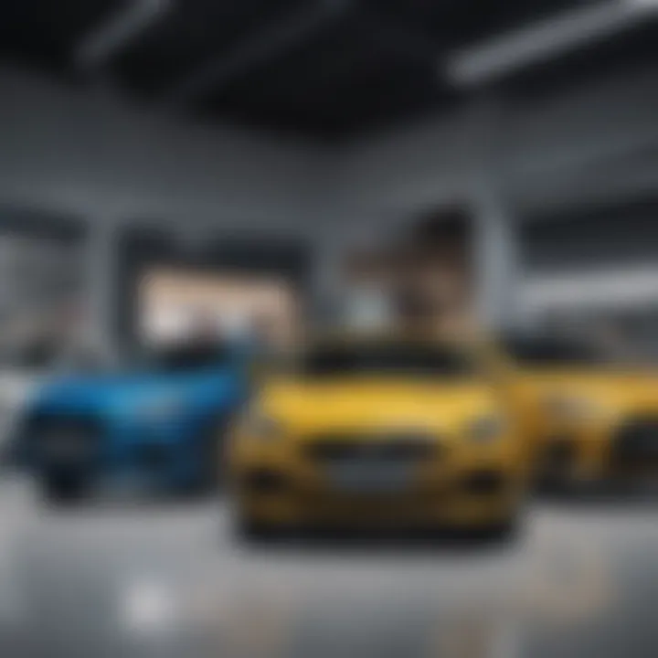 A variety of new car models displayed at a dealership, showcasing options for potential buyers.