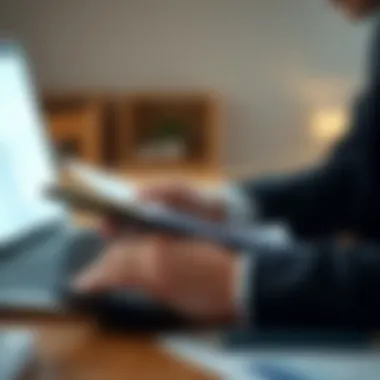 A close-up of a person analyzing financial documents with a calculator and a laptop