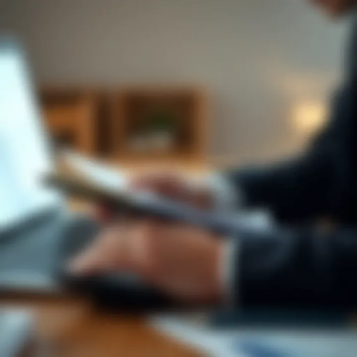 A close-up of a person analyzing financial documents with a calculator and a laptop