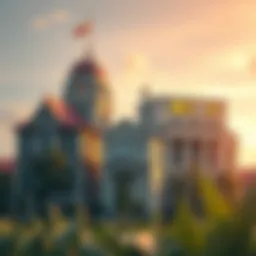 A serene bank landscape depicting traditional banking buildings alongside modern digital banking symbols