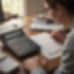 A person evaluating their credit report with a calculator and notepad