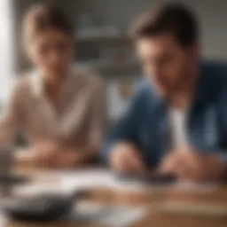 Illustration of a couple discussing finances with a calculator and paperwork.