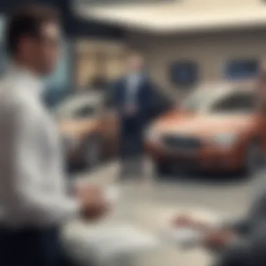 A negotiation scene at a car dealership, illustrating the art of securing a favorable lease.