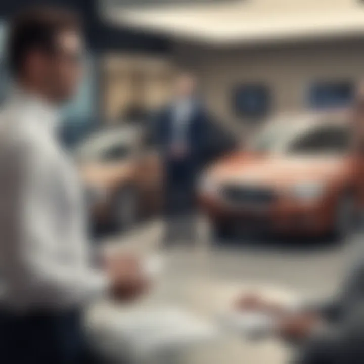 A negotiation scene at a car dealership, illustrating the art of securing a favorable lease.
