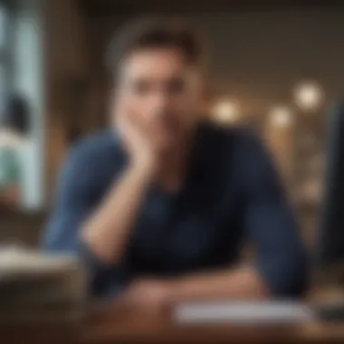Evaluating Financial Health A thoughtful individual sitting at a desk contemplating financial decisions.