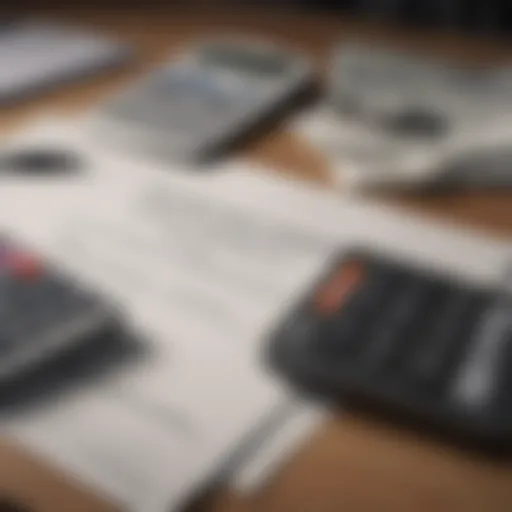 A close-up view of mortgage documents on a desk with a calculator and a pen.