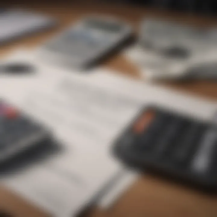 A close-up view of mortgage documents on a desk with a calculator and a pen.