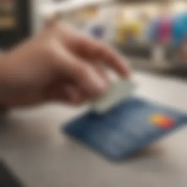 A close-up of a prepaid card being used for a transaction at a retail store.