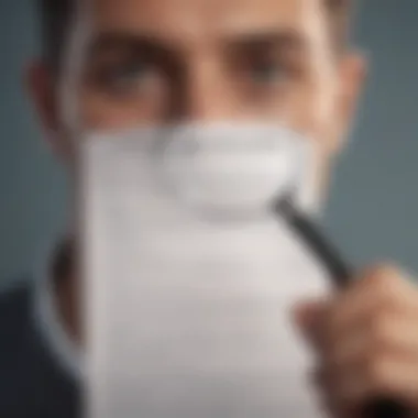 A conceptual image of a person reviewing an insurance policy with a magnifying glass