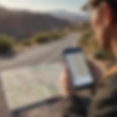 Route Planning for Travelers A traveler planning their route with a map and a digital device.
