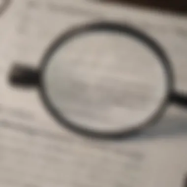 A close-up of a travel insurance policy document with a magnifying glass.