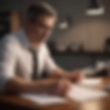 Reviewing Financial Documents A thoughtful individual reviewing financial documents at a desk