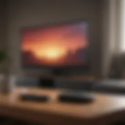 A sleek modem and TV remote set against a modern entertainment setup