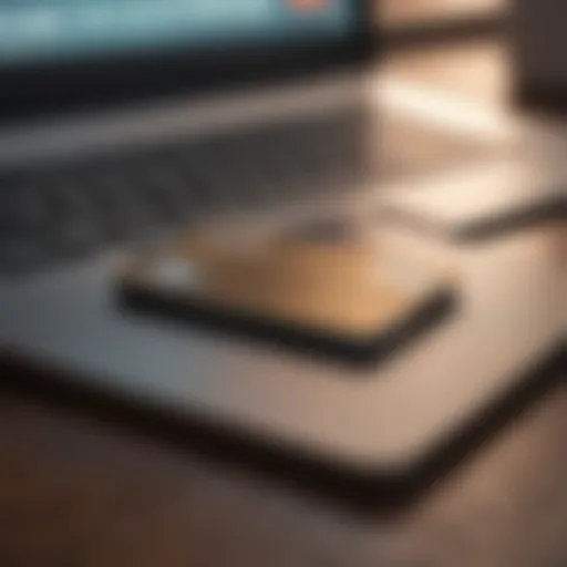 A close-up of a credit card on a desk with a laptop in the background symbolizing online financial management.